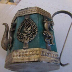 Vin Antique Chinese Asian Pewter Mini SILVER TEAPOT PITCHER Panthers Butterflies